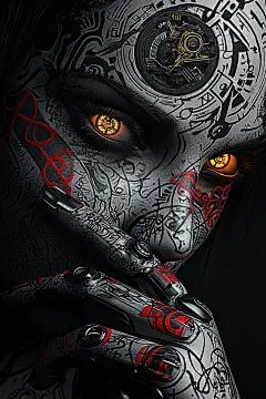 lifenghua_A_tattooed_woman_with_robotic_hands_and_eyes_adorned__9fa08fe0-8a02-4eb2-8f7c-0cb1c53962ad_4