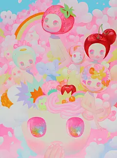 插画师 So Youn Lee 萌萌哒童趣女孩插画高明度荧光色撞色萌萌哒www.soyounlee.com ​​​-桃红色粉色浪漫草莓樱桃水果云朵