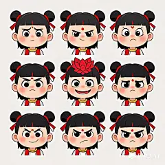 表情包，Q版画风，萌系，简约风，一个魔童哪吒图片，额头中间有一朵统一样式的红莲花印，黑眼圈，可爱画风，动画人物设计，迪斯尼角色风格，开心，愤怒，悲伤，惊讶，疑 (1)