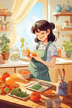 AI数字艺术扁平化厨师做饭职业人物插画