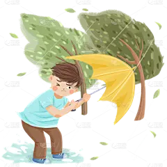 手绘-台风天气人物插画场景贴纸4