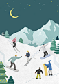 月色下的雪山 滑雪的人们 圣诞插图插画设计PSD ti195a11307