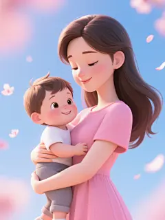 3D卡通风格插画，柔和渐变的粉蓝色调，温暖的侧逆光效果，柔和的阴影与高光，平滑细腻的3D渲染质感，近景特写构图，一位长发女性抱着一个幼儿，女性穿着粉色连衣裙，幼儿穿着白色上衣和灰色裤子，两人面带温馨微笑，眼神交汇充满爱意，背景有模糊的蓝色天空和飘落的花瓣，整体氛围宁静温馨治愈，变换造型。