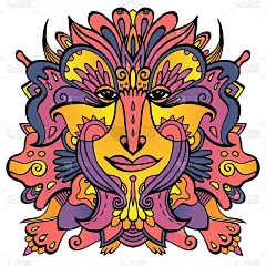 童话精灵的多彩华丽的脸。手绘民族华丽女神。部落纹身。矢量插图。