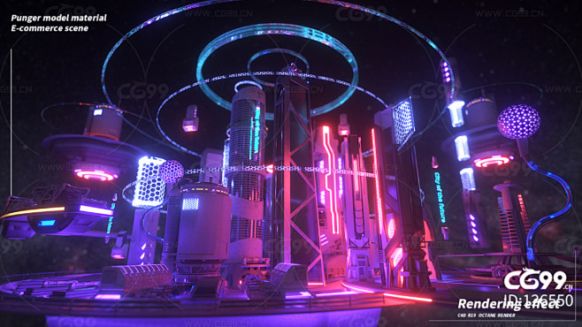 C4D赛博朋克风格宇宙悬浮科幻城市场景-花瓣网