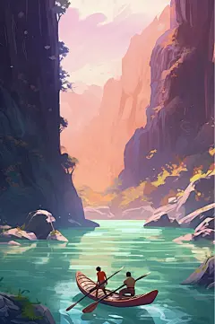 AI数字艺术卡通漂流划船水上活动旅游插画