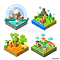 Vector: Isometric tile set: African tile with giraffe, countryside, mountain lake view, house in the woods. Flat vector stock set.