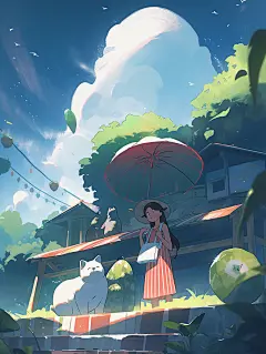 夏天起风了女孩手绘插画