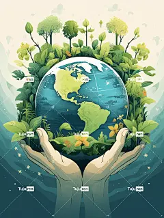 世界地球日海报设计，单手握住地球，插图，创意，森林，树木