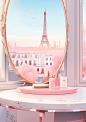 a pink mirror sitting next to a vanity with a window and a white tile, in the style of romanticized cityscapes, playful animation, konica big mini, captivating, fairytale-inspired, 8k resolution, paris school