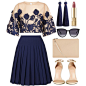 A fashion look from October 2014 featuring embroidered top, navy pleated skirt and leather high heel sandal. Browse and shop related looks.