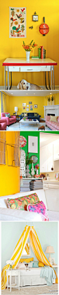 家的色彩总表达着主人对生活的思考，非常饱满的明黄色空间，用一些特别简单的物品将它装饰得漂漂亮亮的，明亮，欢快，充满了活力！


