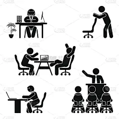 简笔画办公姿势设置。企业财务工作场所支持。工作、坐着、说话、开会、培训、讨论矢量象形文字