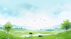 水彩山水风景插画蓝天白云草地唯美清新桌面壁纸春天立春草原牛吃草