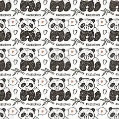 可爱的熊猫宝宝与竹子矢量无缝模式。无尽的熊猫壁纸。手绘涂鸦有趣的黑白熊。背景的孩子。
