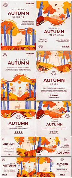 秋天秋季枫叶森系麋鹿森林落叶秋日插图插画创意海报模板素材设计-淘宝网