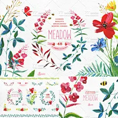 W199|PNG免抠水彩手绘颜料蜜蜂蝴蝶花卉图案 卡片边框设计PS素材-淘宝网