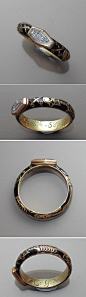 This ring dates from 1728; the absolute height of the memento mori style. It not only features the affectation of the ‘coffin’ shaped crystal, but it encapsulates the skeleton inlaid in black enamel around the band. Further to this, the element of the ful
