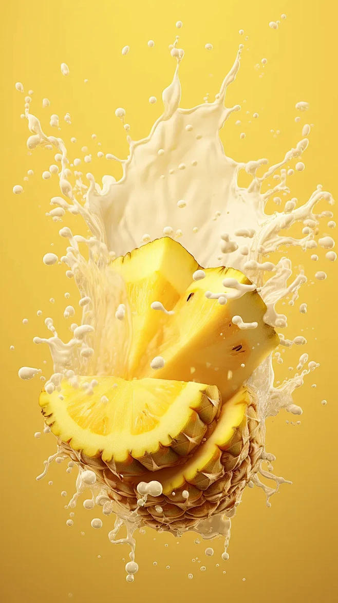 菠萝牛奶海报，几个菠萝，飞溅的
