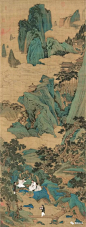 明 仇英《桃源仙境图》鉴赏-（明代，仇英，《桃源仙境图》绢本青绿设色，纵175厘米，横66.7厘米，天津博物馆藏）山石云雾人物