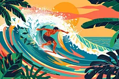 扁平风冲浪夏季夏天插画