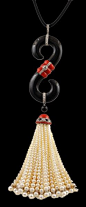 Platinum Onyx, Coral & Pearl Tassle with Cord Necklace.