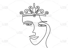 一个连续的线条中世纪历史上的欧洲王妃女王。美丽的女王，头戴长发，头戴皇冠，简约主义设计手绘艺术线条涂
