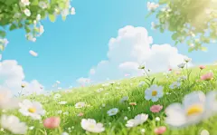 蓝天绿草地盛开的花朵壁纸图片素材