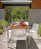 Montego Tables : The Montego outdoor dining table features a striking mix of solid ipe and hand-welded, outdoor-grade stainless steel, making it as durable as it is eye-catching. Montego looks and feels substantial thanks to wide planks of wood that appea