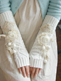花树下 独家设计 白色蕾丝钩花流苏露指乳白色长手套 森女手套