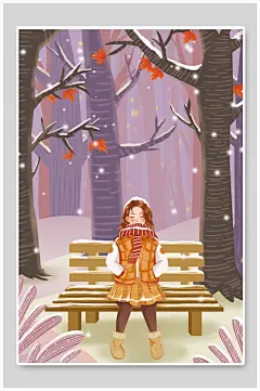 冬季雪景少女街景插画