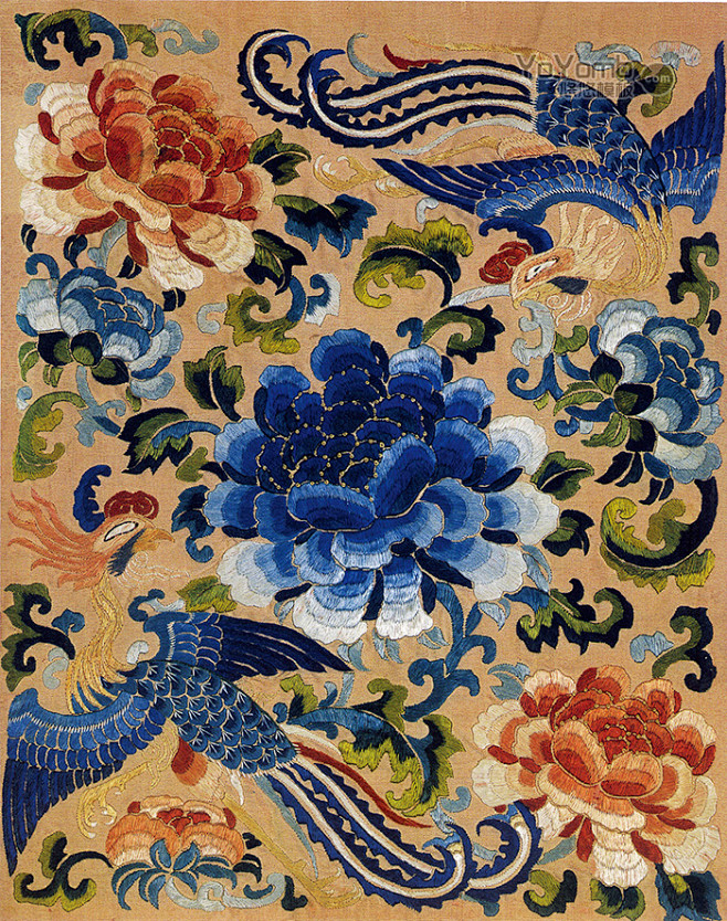 中国传统元素 刺绣 牡丹 凤凰