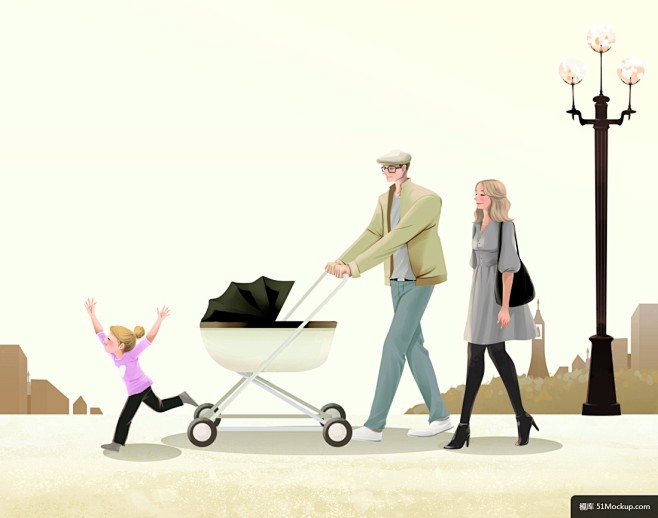 散步 幸福家庭 爱情结晶 情感 插画
