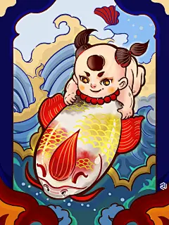 卡通手绘创意高端时尚唯美锦鲤插画