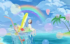 唯美蓝色海景原创人物果汁风景创意海报插画素材