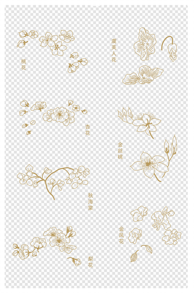 百花芥子桃花梨花白描画