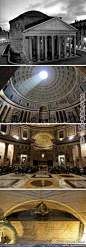 [意大利 万神殿] 【罗马 万神殿】在罗马众多的教堂中，万神殿是独一无二的一个，原因是它独特的建筑结构，那个巨大的穹顶。穹顶的直径是43.3米，顶部有一个直径8.9米的圆形大洞，用于采光。这个洞也是万神庙唯一的采光点，简洁而神圣。万神殿还是伟人的公墓，最著名的是文艺复兴三杰之一的拉斐尔。