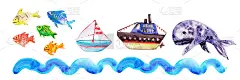 手绘水彩画海洋水下动物集。孩子们画鲸鱼，鱼，波浪，大海和沙子的纹理
