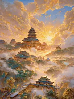 余晖散落染云烟， 宫殿倚影梦幻间。 朝阳初升映光云， 古韵细腻尽风华。 执手观云烟远去， 卷帘望梦寻心涯。 世间风景皆如梦， 唯美诗行盈晖阳。 #Ai绘画  #宫殿  #云烟  #日出  #太阳  #光芒  #朝阳  #中式建筑  #壁纸  #每日壁纸  #神仙壁纸   #私藏壁纸  #电脑壁纸  #明信片  #插画  #古风插画  #国风插画  #治愈景色  #景色  #风景插画  #国潮插画  #中国风  #平面设计  #美景  #艺术  #商业插画  #背景画  #装饰画  #墙绘  #设计  #审