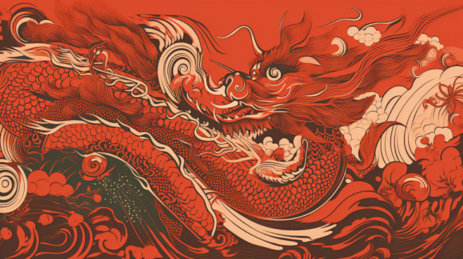 山海经神龙中国风十二生肖龙年动物纹样插画