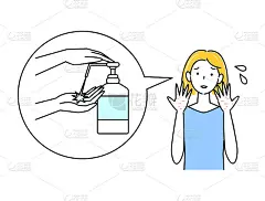可爱的女人伤心的手变得粗糙的皮肤与酒精消毒插画简单向量皮肤护理。一个漂亮的女人为她手上的酒精消毒引起