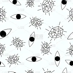 水晶和眼睛的神奇图案。手绘矢量无缝模式与民族魔法元素，眼睛，矿物