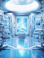 an image of an futuristic laboratory room, in the style of light indigo and light aquamarine, hyper-realistic sci-fi, hyper-detailed illustrations, translucent color, depictions of urban life, light white and sky-blue, snailcore