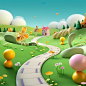 Complete the picture, draw winding roads, grass, flowers,Complete the picture, draw winding roads, grass, flowers,Green grass, yellow winding road, blue sky, miniature, Super cute clay world, 3D,C4D,octane  Complete the picture, draw winding roads, grass,
