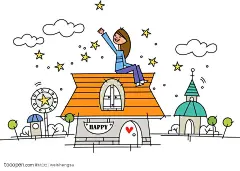 韩国矢量时尚简笔插画 坐在屋顶上的女孩