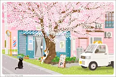 TABINEKO-Cherry blossom street Barber shop : One piece of a series illustration of the cat &quot;TABINEKO&quot; traveling the seasons drawn by Japanese illustrator Toshinori Mori &quot;TABINEKO-Cherry blossom street Barber shop&quot;.I drew cats strolling