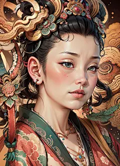 敦煌风格美女，手绘转真人@Stable Diddusion敦煌壁画，汉服