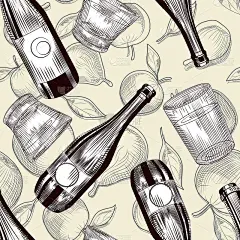 水果啤酒瓶和杯子无缝图案。苹果酒酒精壁纸。