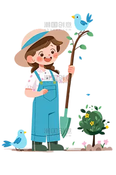 创意卡通春天女孩植树种树植树节儿童卡通人物手绘元素