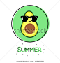 Illustration cartoon funny avocado icon with black sunglasses and hand-drawn lettering Summer in green and black circle isolated on white background / vector eps 10